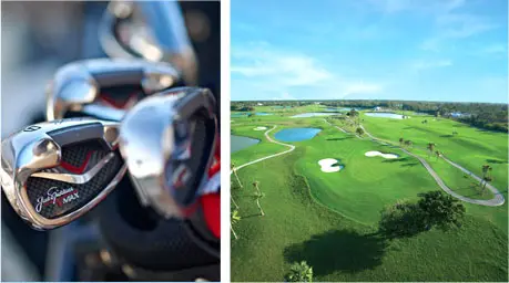 golf clubs and a golf course collage